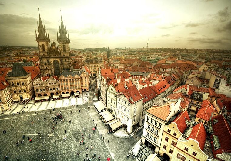 Old Town with Tyn Church on city square in Prague.