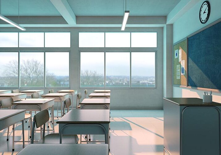 School classroom with chairs,desks and chalkboard without studen School classroom with chairs,desks and chalkboard without student.3d rendering